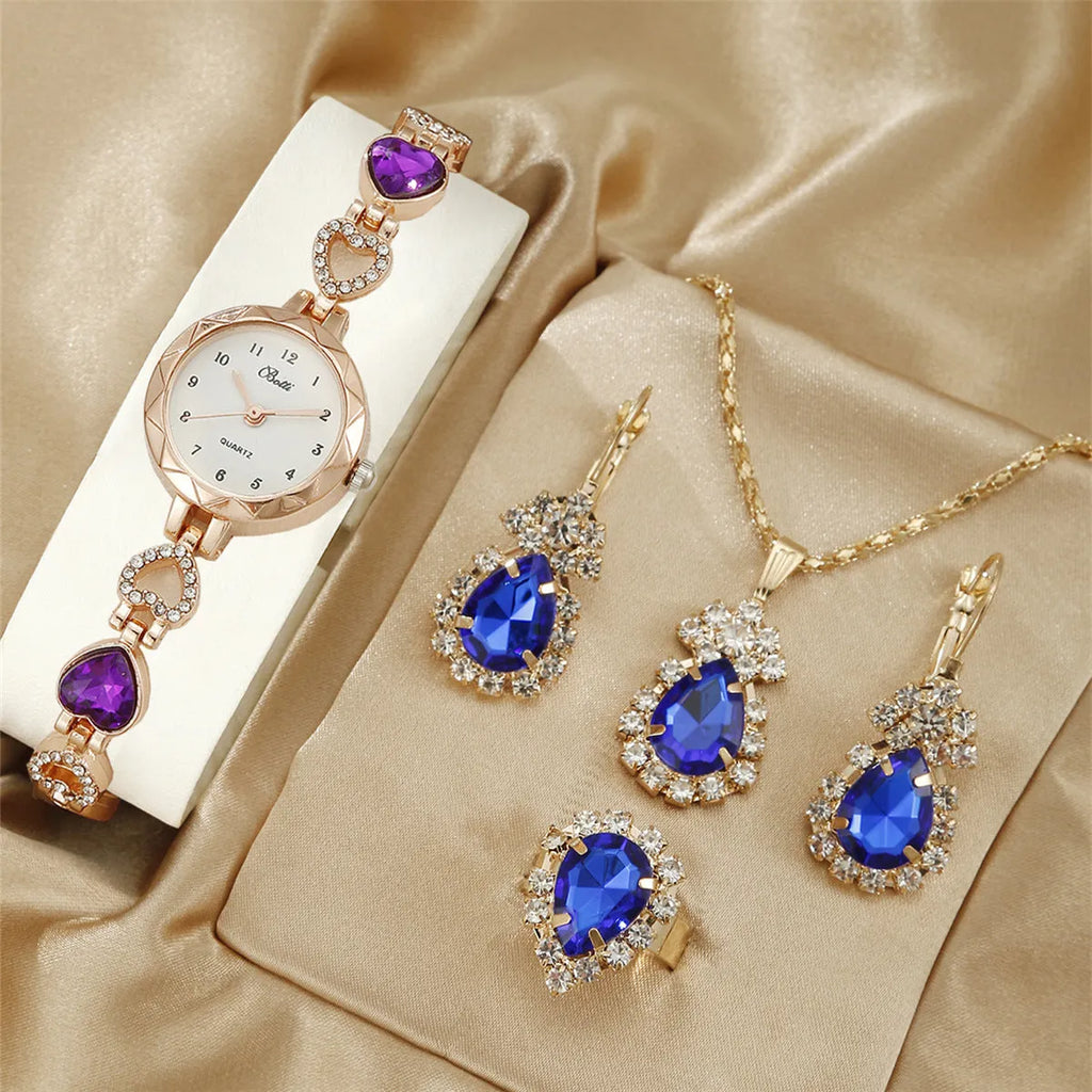 Women's simple disc quartz bracelet watch set with matching jewellery in pink, blue, purple options
