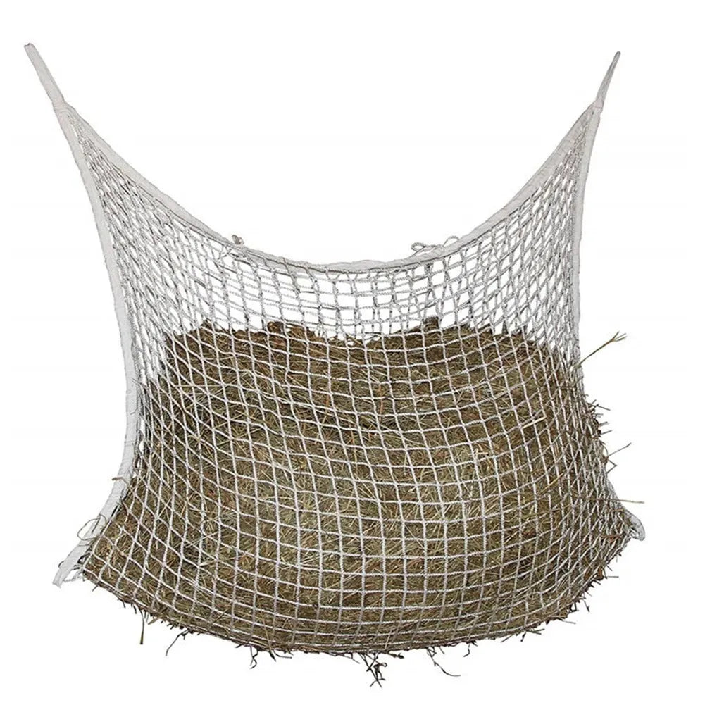 Woven grid horse hanging feeding bag in black or white with PE rope construction for cattle and sheep