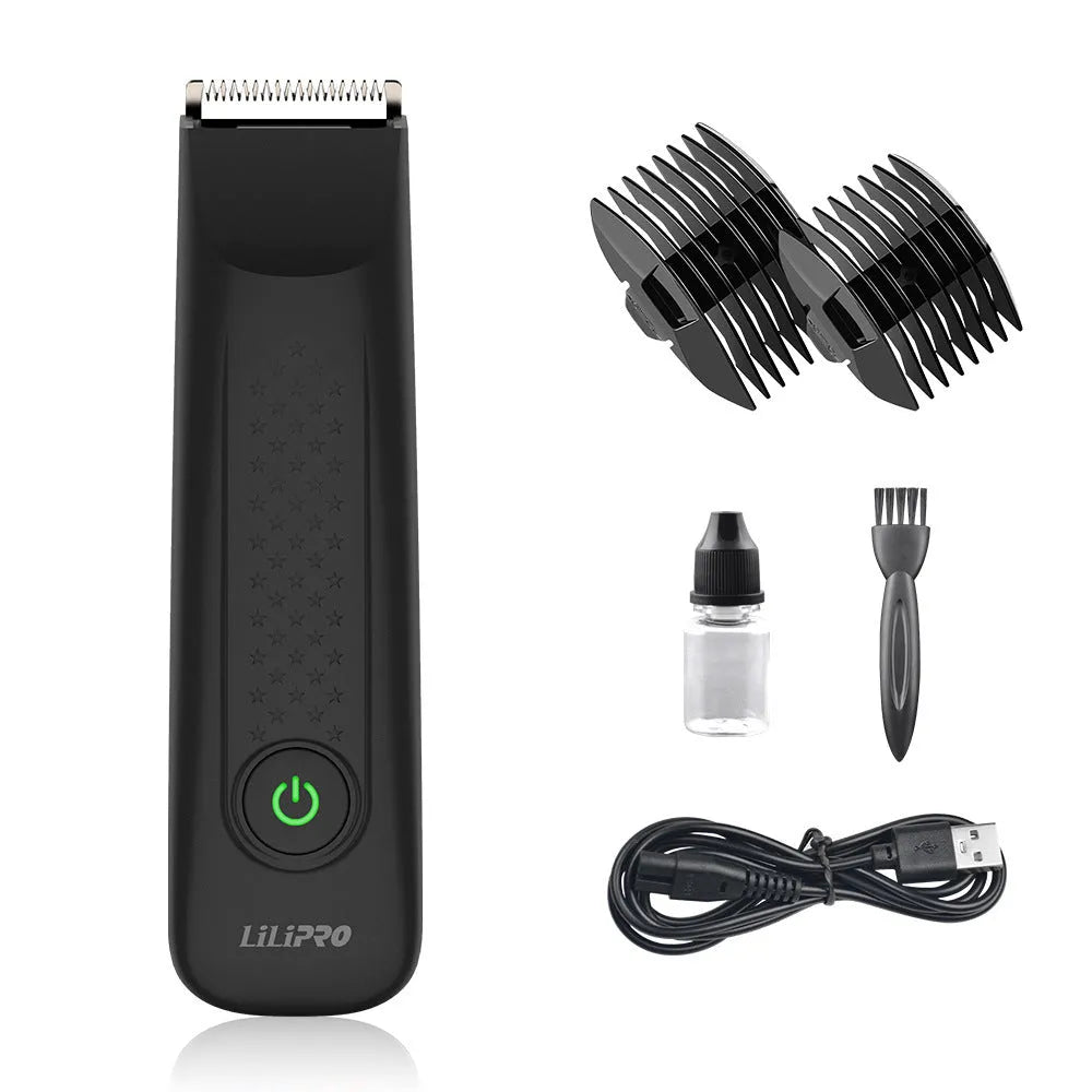 Black LILIPRO ZP-5110 waterproof rechargeable body hair shaver with ceramic blade and limit comb.