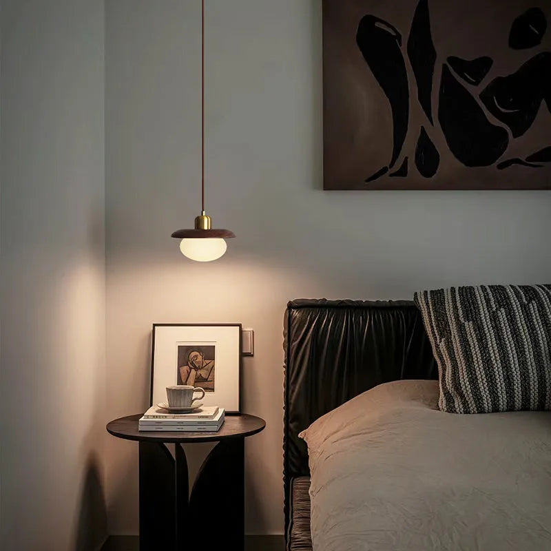 Remote control LED bedside chandelier in black, black walnut or red oak, 220V three-colour ceiling light