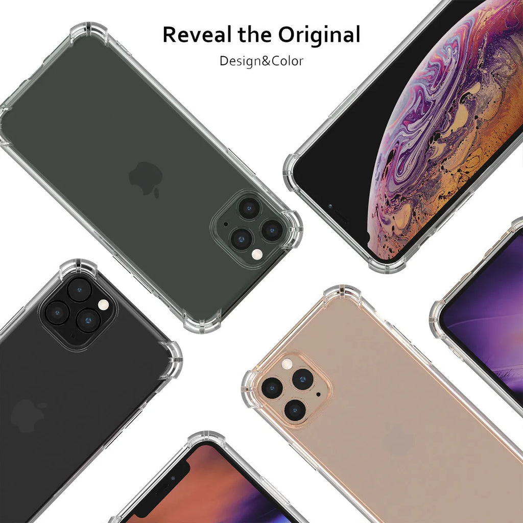 Clear transparent TPU shockproof phone case for Apple iPhone models 6 through 13 Pro Max.