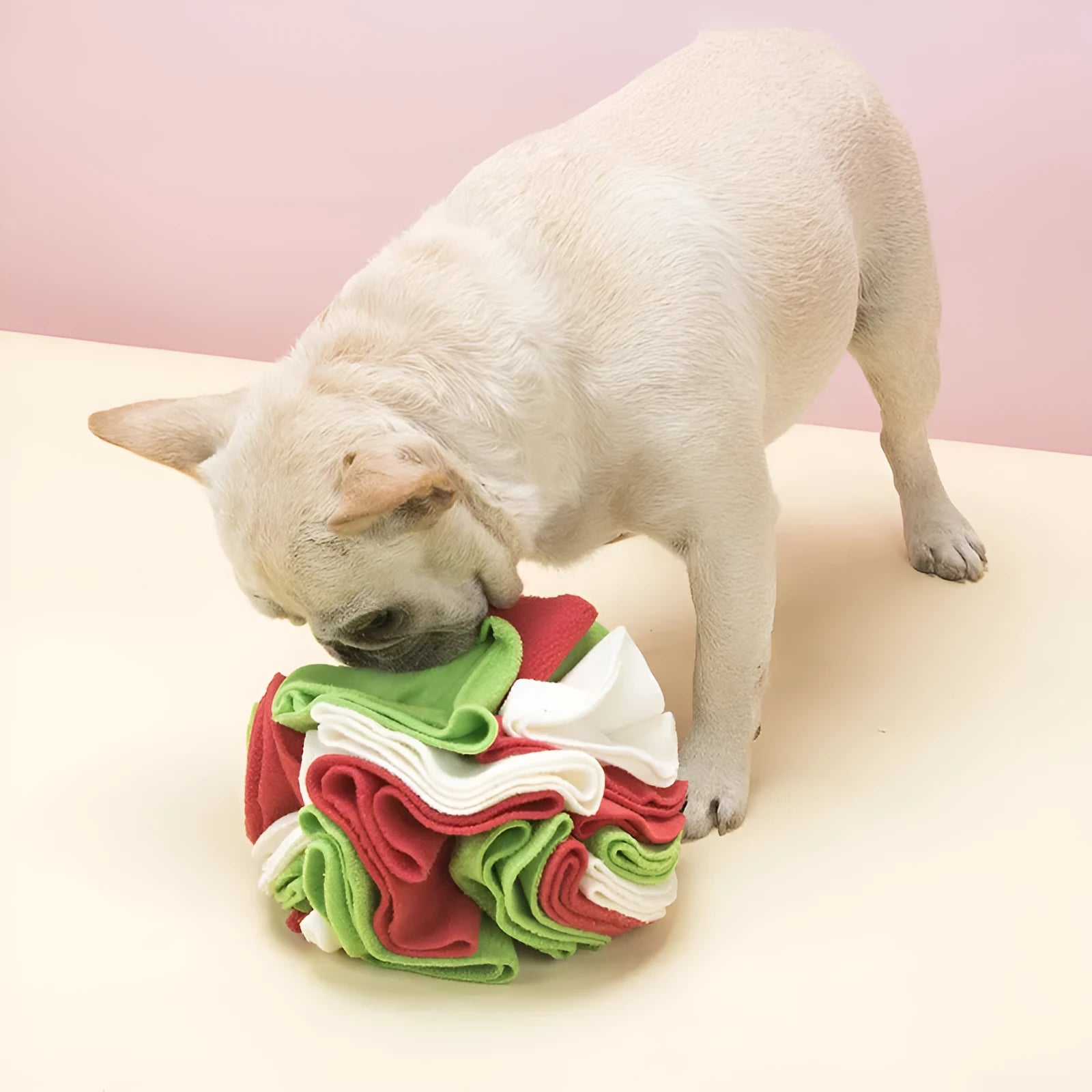 Polar fleece dog snuffle ball toy with folded circles in rainbow colours, 15cm or 20cm size options