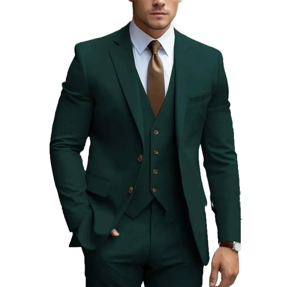 Men's three-piece slim fit wedding suit in champagne with coat, vest, and trousers