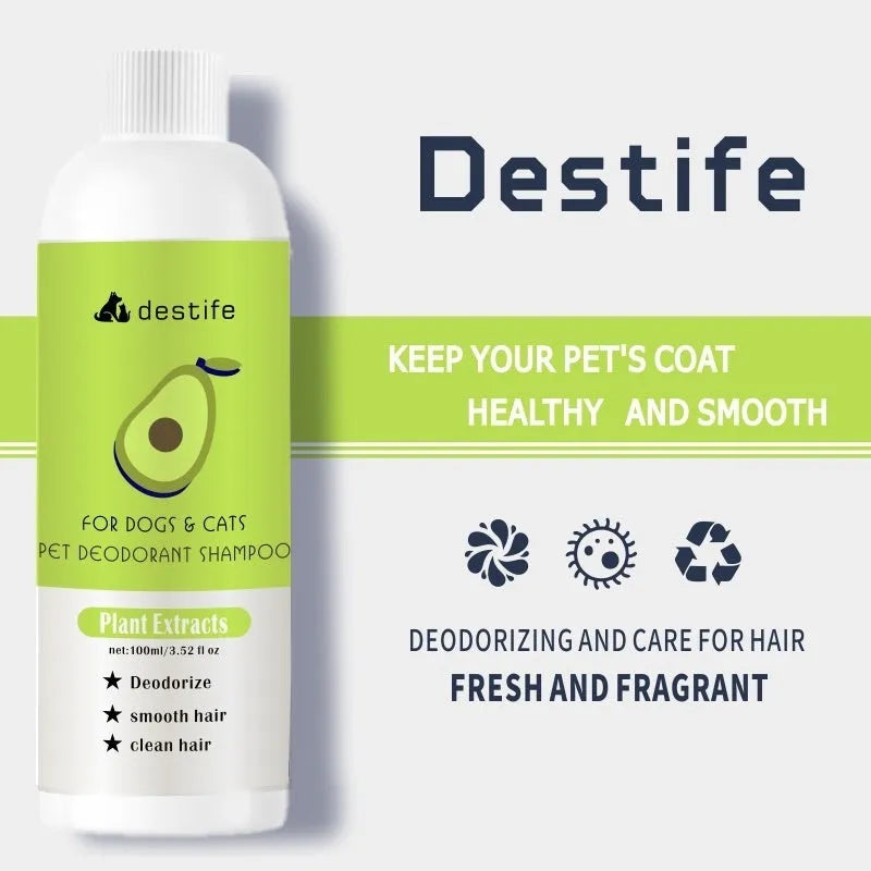 100ml bottle of pet shampoo and conditioner for dogs and cats with deodorising and shed control properties