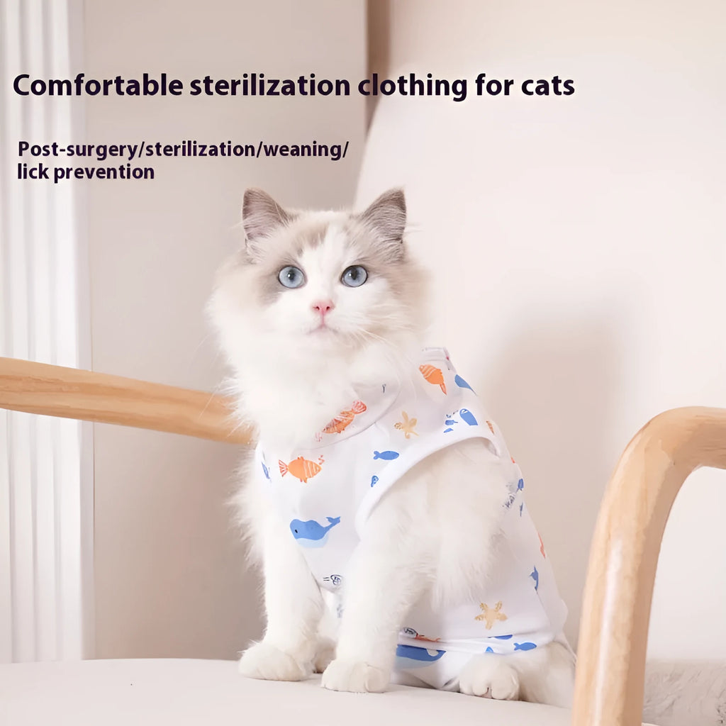 Cat wearing sterilisation recovery suit with Velcro closure in colourful print design