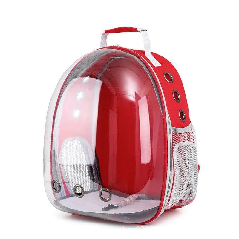 Grey astronaut dome-shaped cat carrier bag with a side opening for pet access.