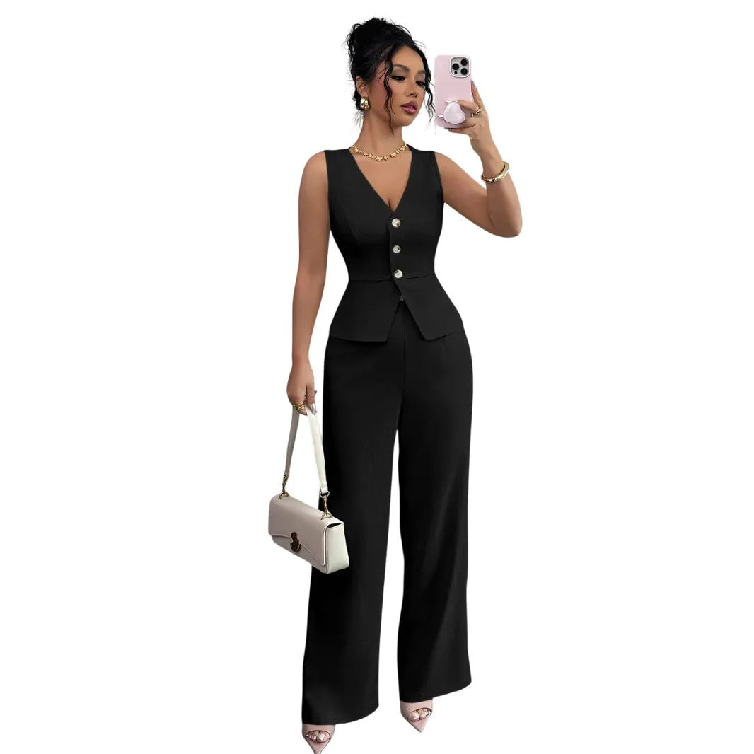 Women's sleeveless vest and high-waist trousers two-piece set in solid colour polyester fabric.