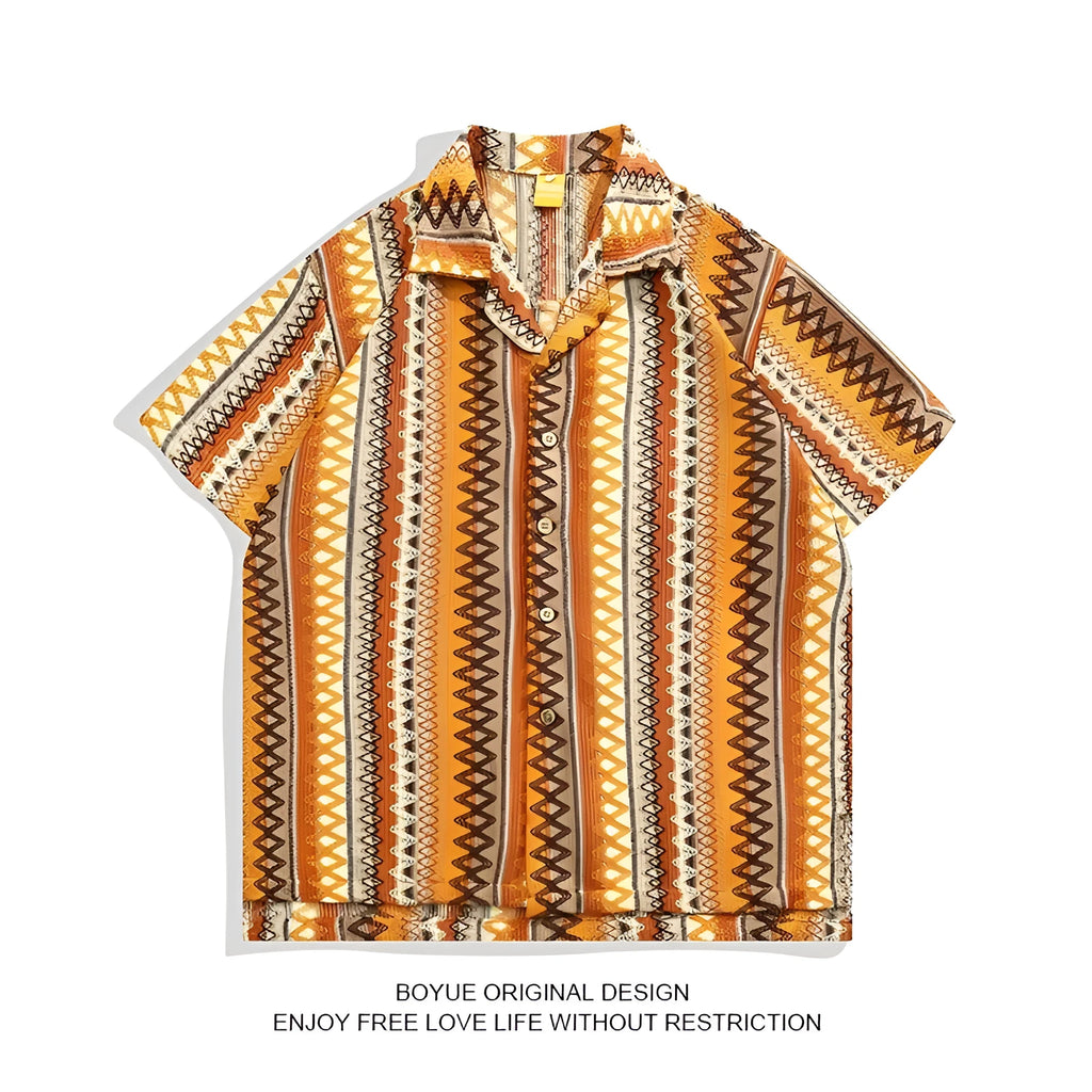 Ethnic style Cuban collar shirt with contrast colour detailing and drop-shoulder sleeves