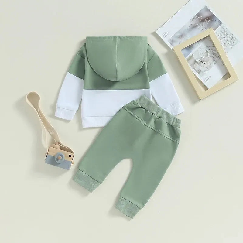 Children's hooded two-piece tracksuit in polyester with cartoon print, black, blue and green, sizes 70cm to 110cm