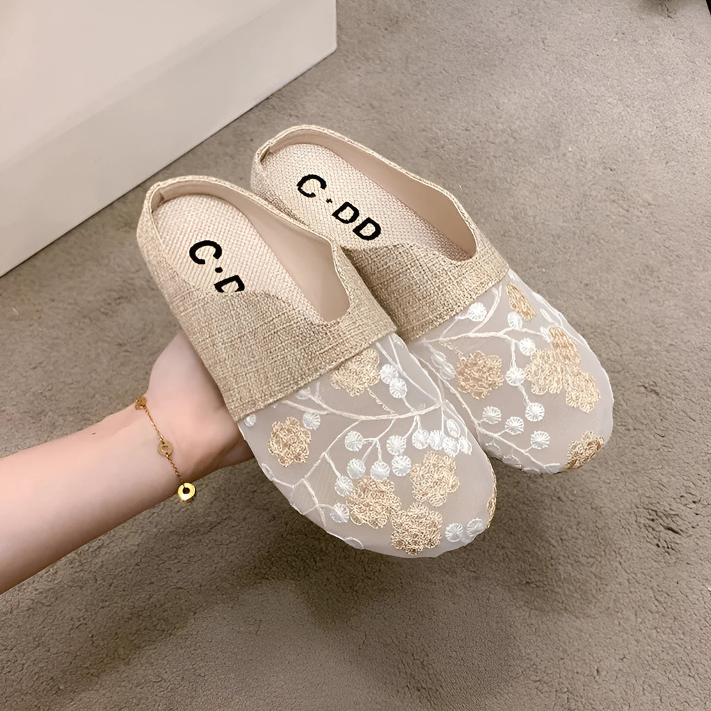 Women's mesh hollow toe box slip-on sandals low heel flat in green