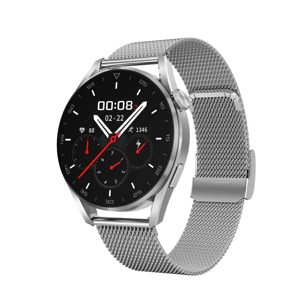 Smart watch with metal wristband and 1.3-inch touch screen displaying time and notifications