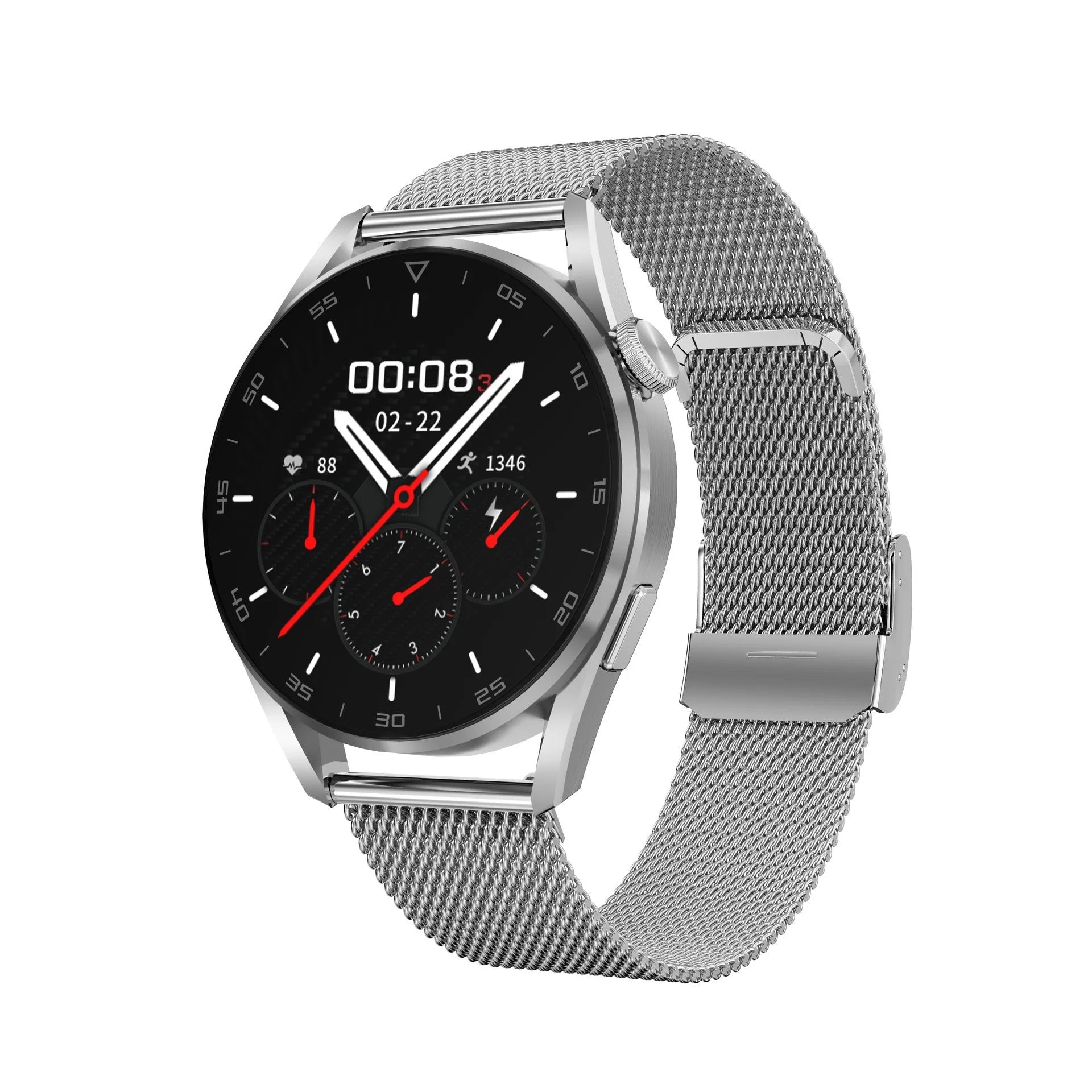 Smart watch with metal wristband and 1.3-inch touch screen displaying time and notifications