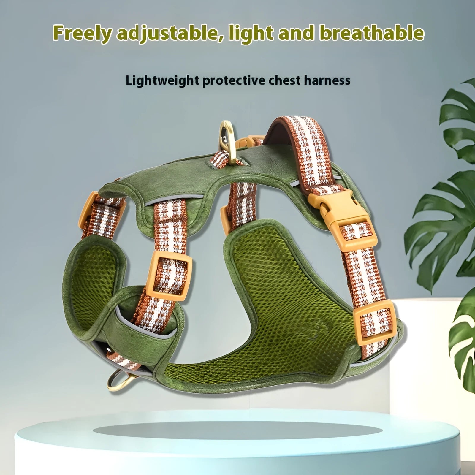 Retro leather pet harness in brown with reflective stripes, explosion-proof design, available in sizes XXS to L