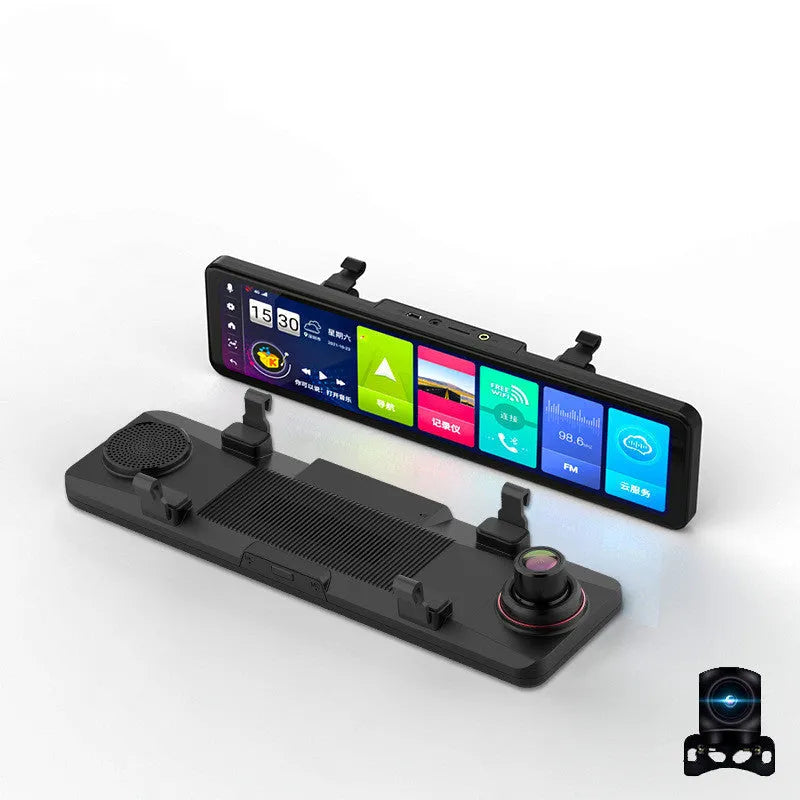 Black rearview mirror dashboard camera with dual recording and touch controls for vehicle security