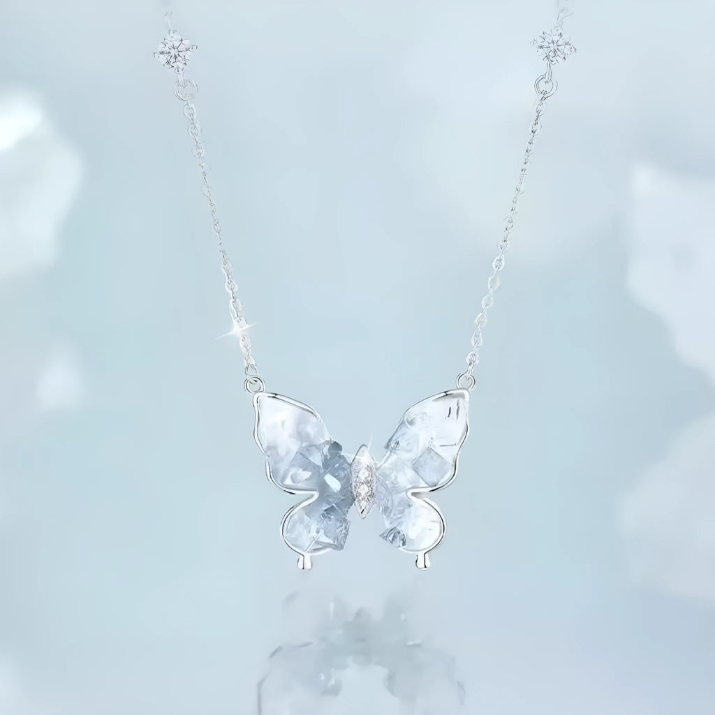 Bingyu Butterfly S925 silver clavicle chain with ice rain pendant on O-ring chain