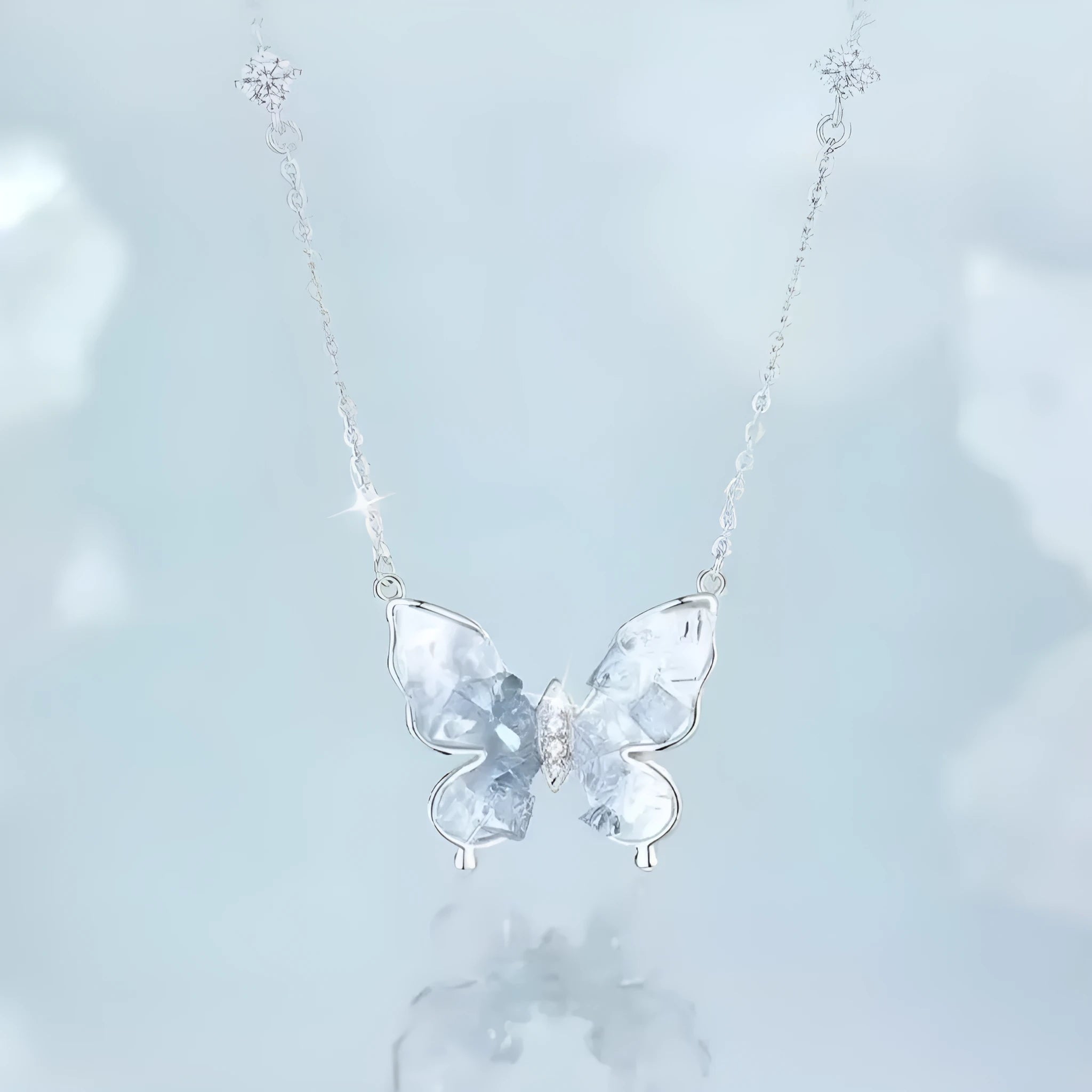 Bingyu Butterfly S925 silver clavicle chain with ice rain pendant on O-ring chain