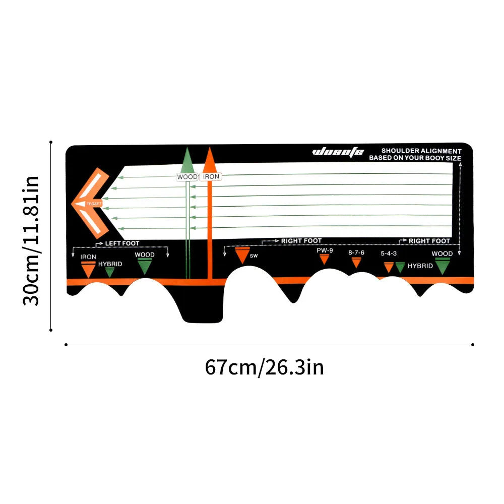 Black neoprene golf swing posture correction mat for stance alignment practice.