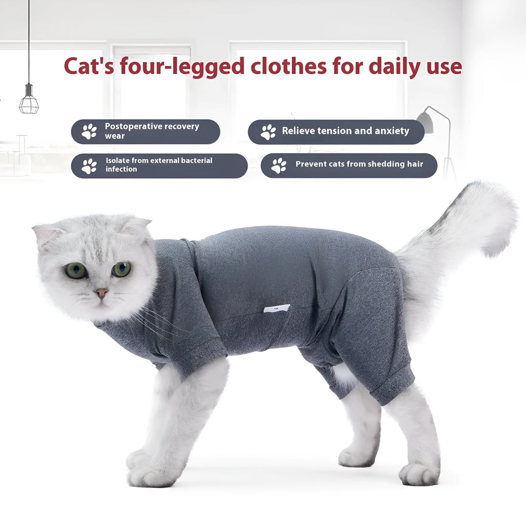 Cat neutering suit in blending gray polyester fabric for post-surgery recovery, with size options from XS to L