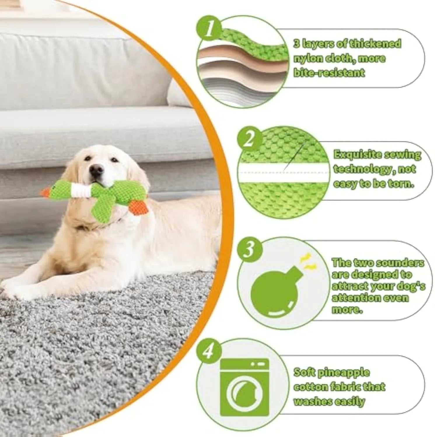 Blue, green, or grey plush duck dog toy with two squeakers for large dogs.