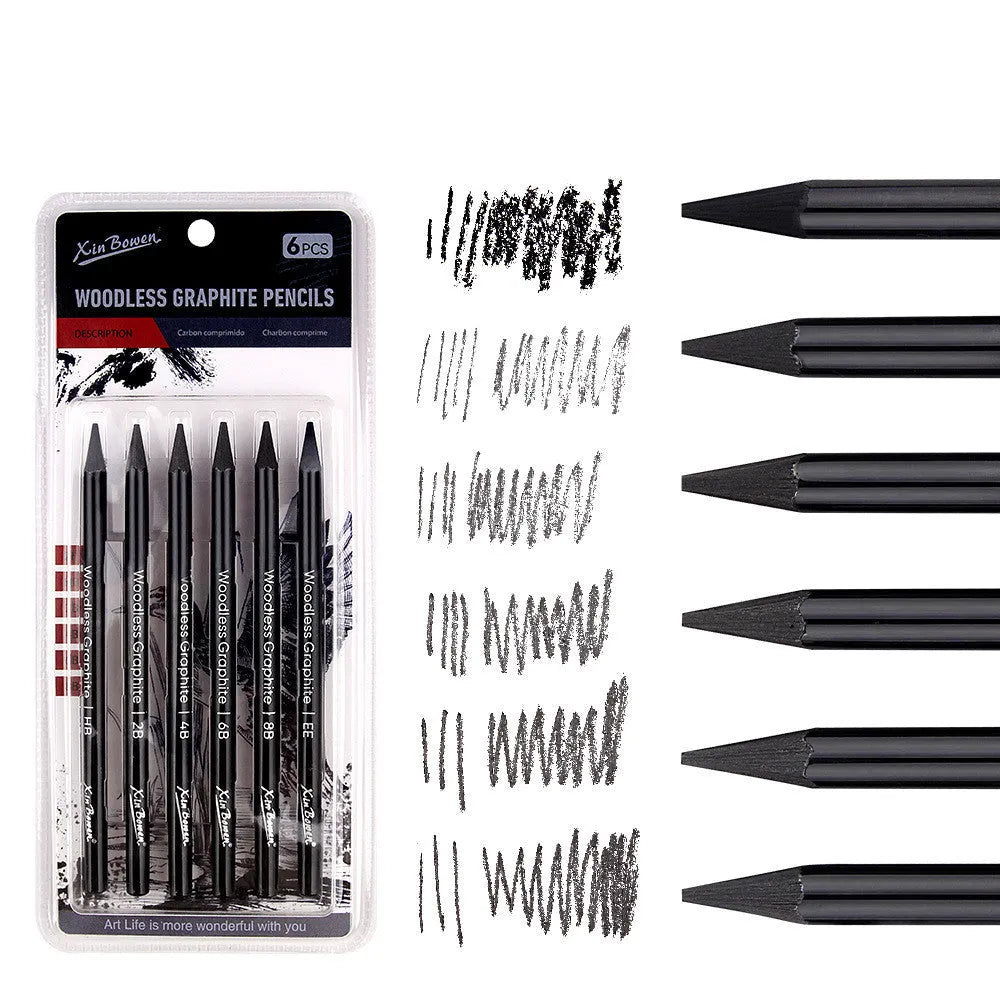 Wood-free graphite sketching pencils set showing six different hardness grades for art drawing