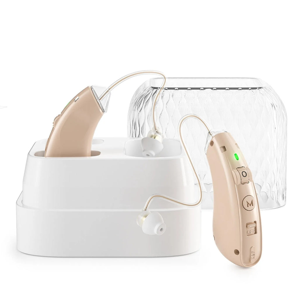 Hearing aid for elderly in silver with USB charging port and noise reduction feature