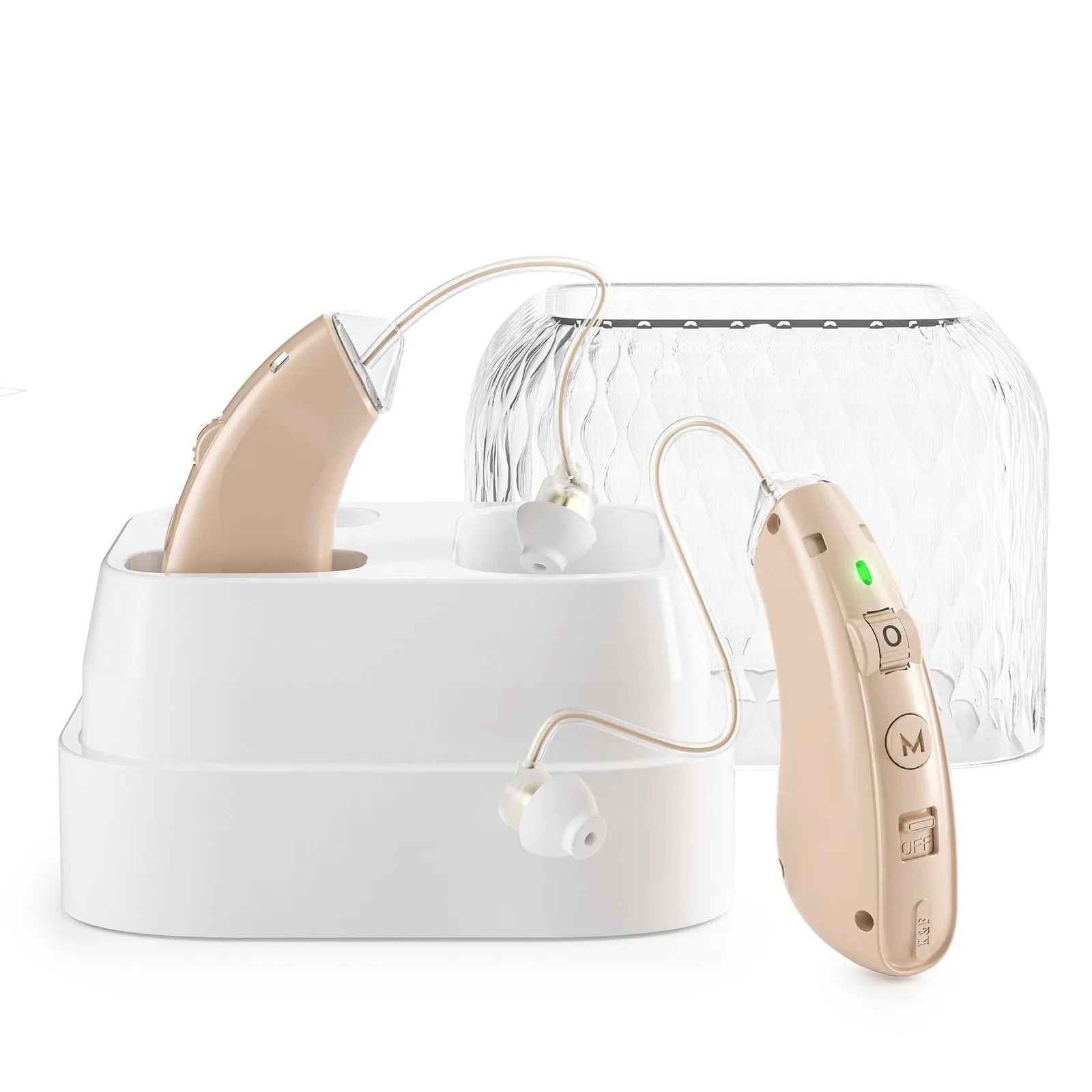 Hearing aid for elderly in silver with USB charging port and noise reduction feature
