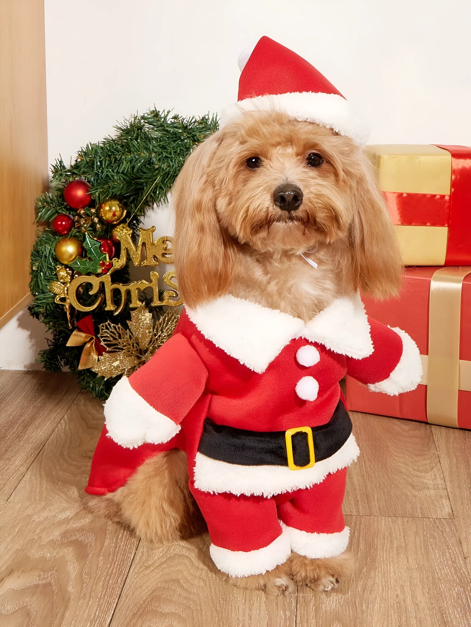 Red Christmas pet costume with cap for small dogs, polyester cartoon style, sizes XS to XL