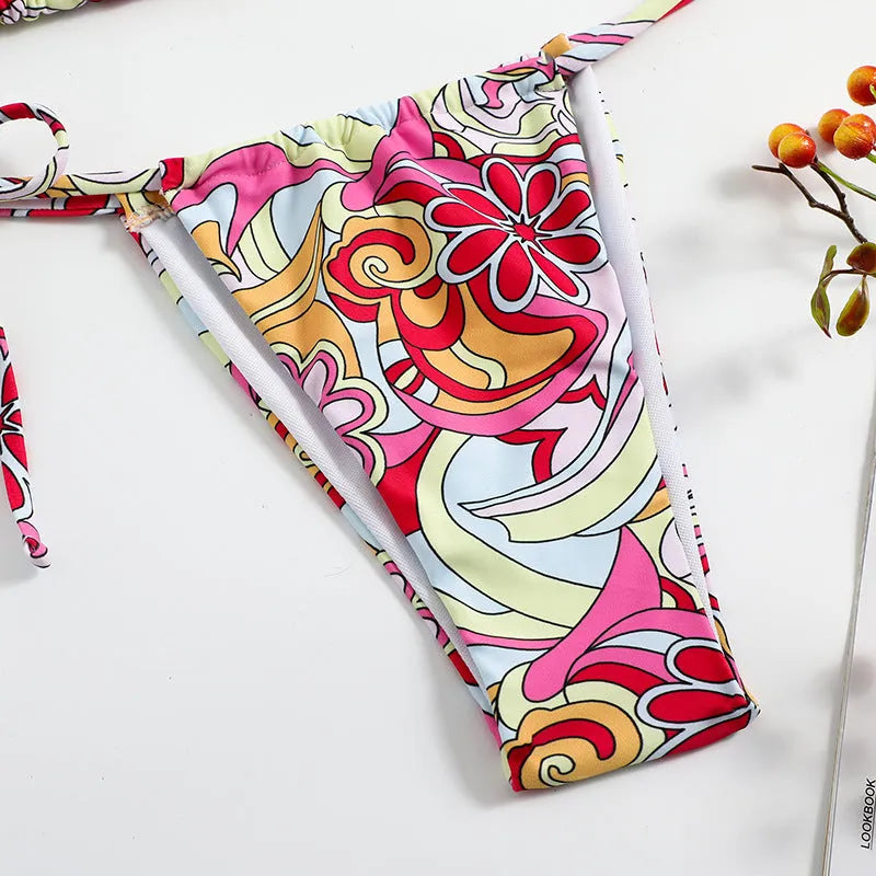 Women's multicolour triangle print bikini with hanging neck detail on separate top