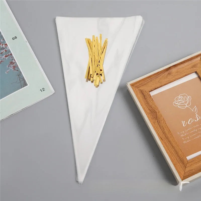 OPP triangle plastic packaging bag with integrated tie wire closure in three size options