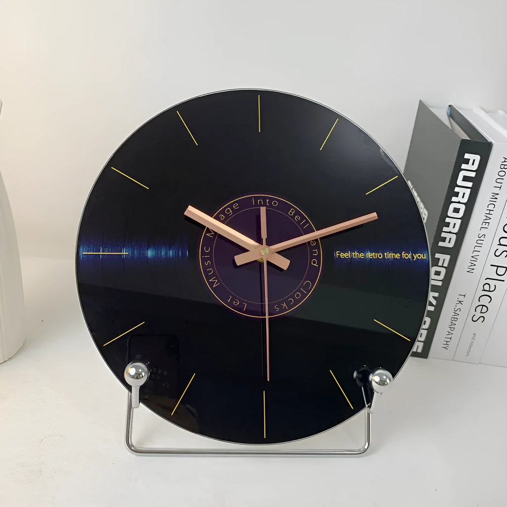Retro 3D stereo acrylic vinyl CD record wall clock with glass front, 12 inch diameter, gold pointer style on white background