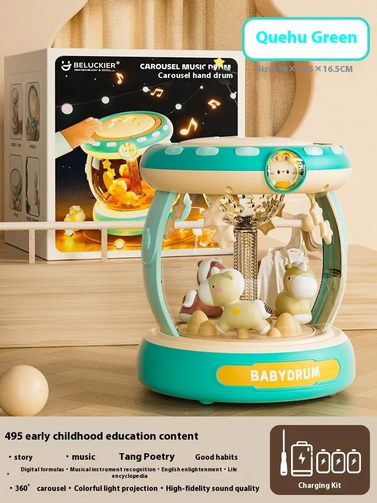 Children's carousel park hand drum toy in green with rechargeable battery and adjustable volume