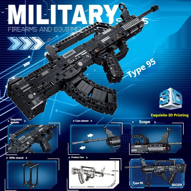 Building blocks toy gun model kit with launch mechanism, bullet assembly, colour box, and rifle style options