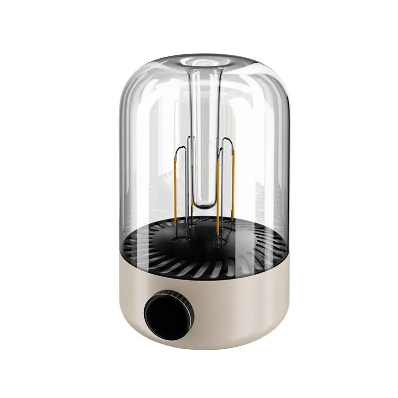 Beige camping ambience light with dual lamp beads, USB output, and analogue knob on a wooden table