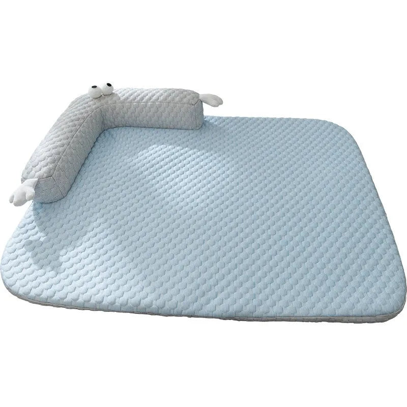 Cool feeling breathable PP cotton dog mat in blue monster design, sizes S to XXL, for dogs and cats