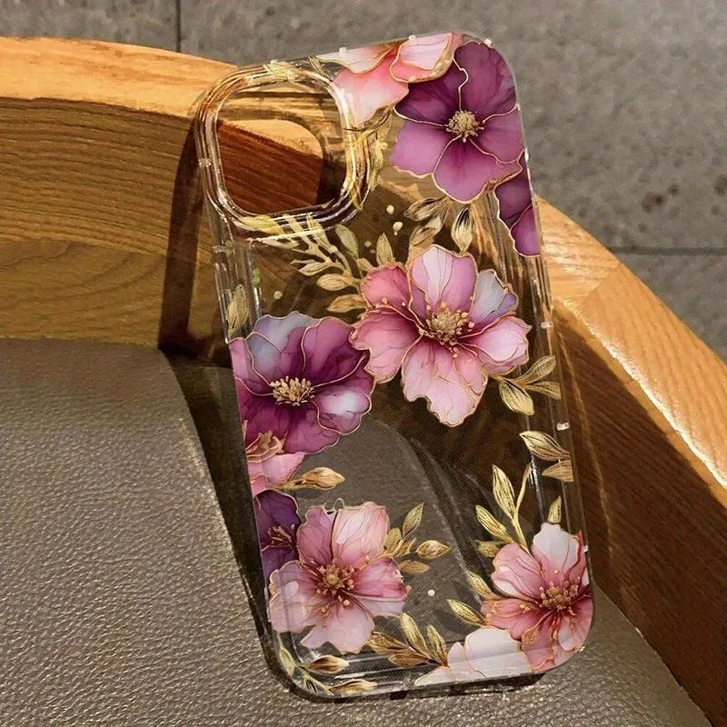 Transparent frosted TPU air spring phone case for Apple 12 Pro Max with pink purple flowers print