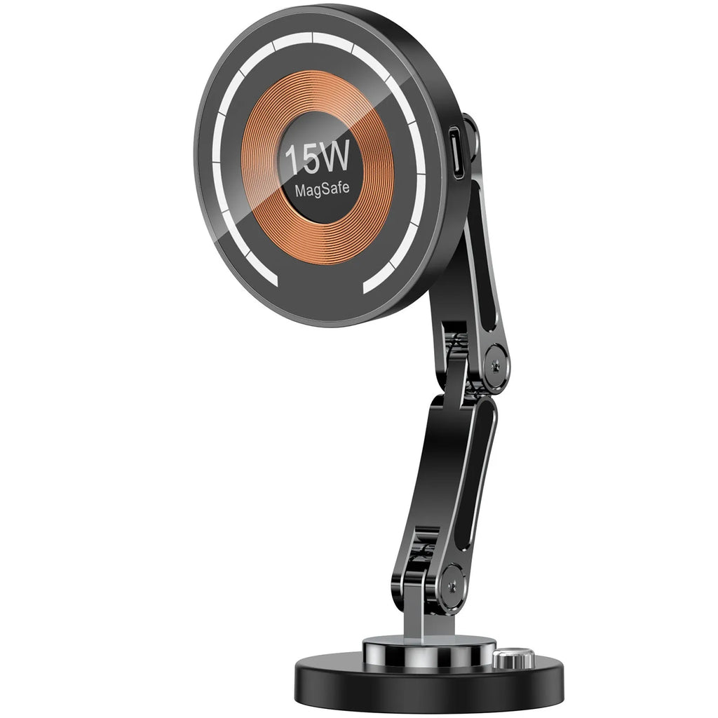 Gun colour folding magnetic car phone holder with 15W wireless charging and zinc alloy bracket