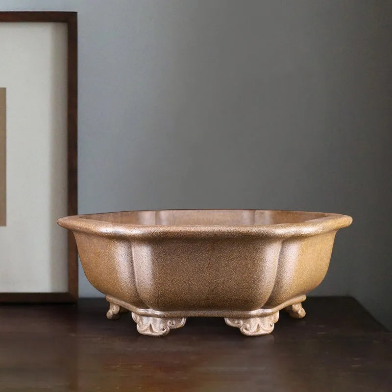 Handmade purple sand bonsai basin in large hexagonal style for breathable plant display