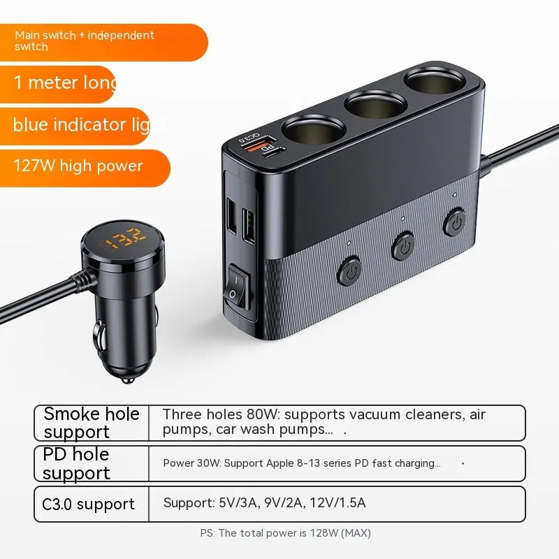 Black vehicle cigarette lighter USB charger with multiple ports showing dimensions 116x71x33mm