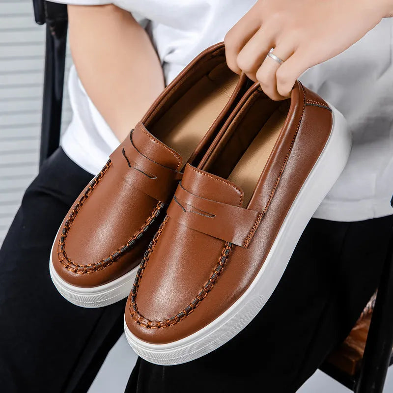 Men's casual slip-on loafers in PU leather with round toe, shown in white, black and white, and khaki colours