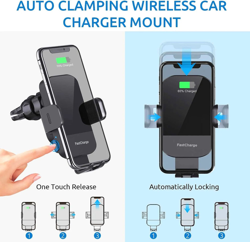 Black car dashboard wireless charging stand with 15W fast charging and air vent clip mount