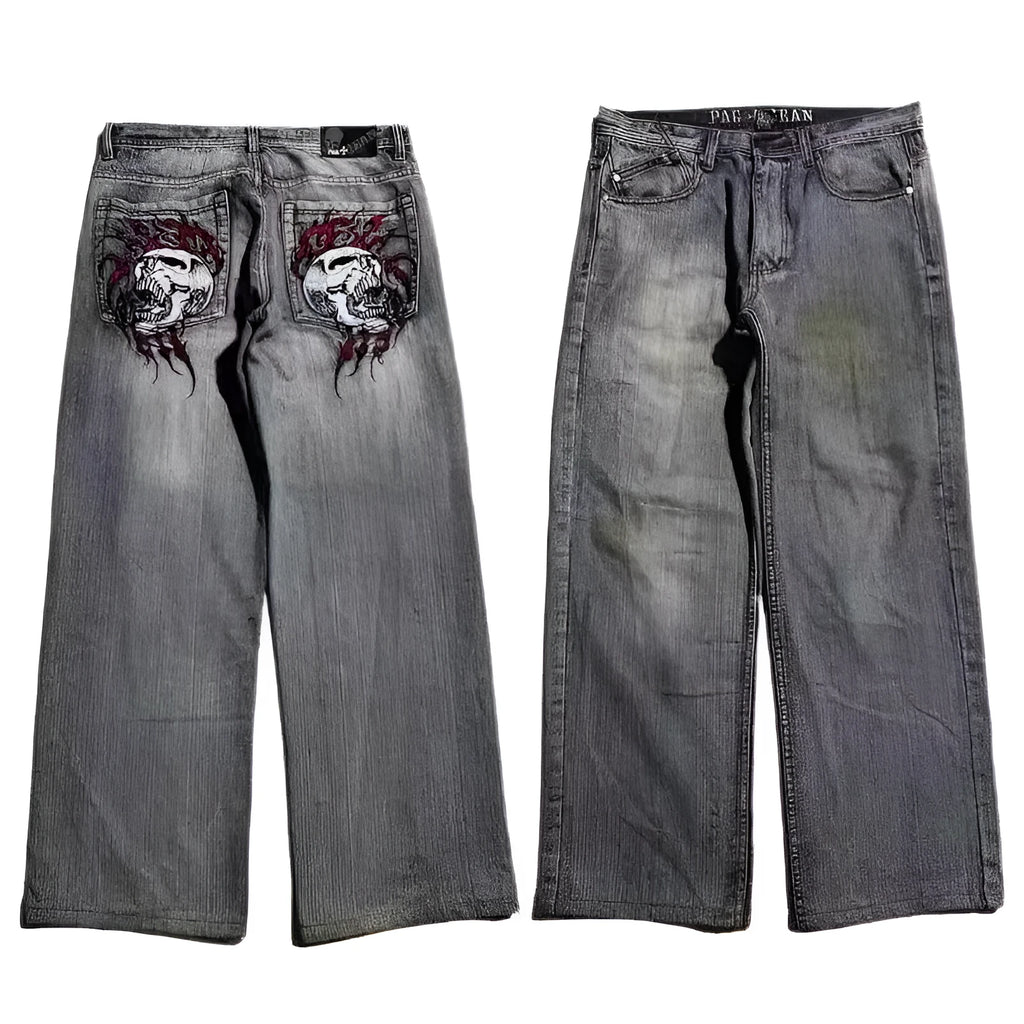 Grey washed-out wide-leg men's jeans with a straight cut and mid-waist design on a neutral background.