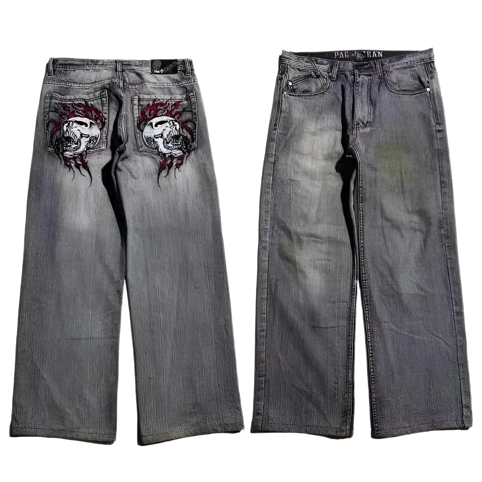 Grey washed-out wide-leg men's jeans with a straight cut and mid-waist design on a neutral background.