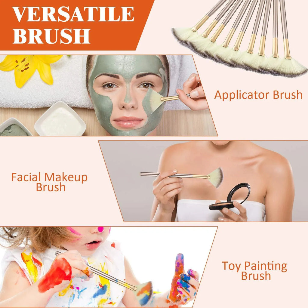 Ten champagne-coloured fan makeup brushes with soft fibre bristles and protective covers laid out.