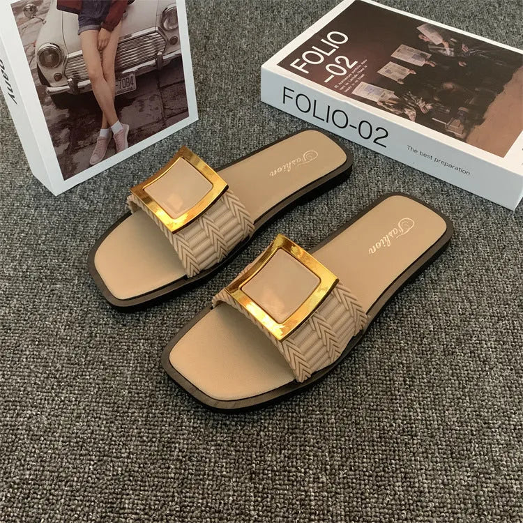 Women's flat casual slippers in apricot colour with a textured non-slip PVC sole.