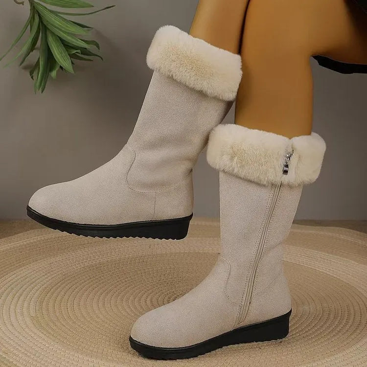 Fleece-lined thickened mid-calf waterproof platform snow boots in black, side view