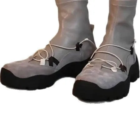 Retro platform cross strap stretch boots for women, flat heel, microfiber, gray colour