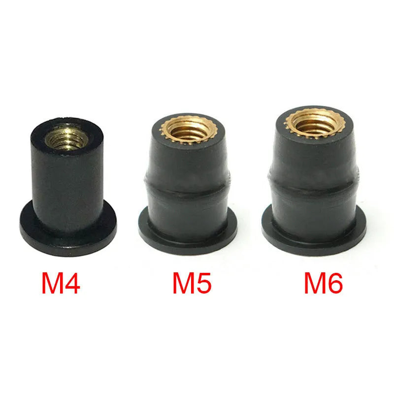 Black rubber motorcycle expansion well nuts with brass threads, set of 10 pieces in M4 M5 M6 sizes.