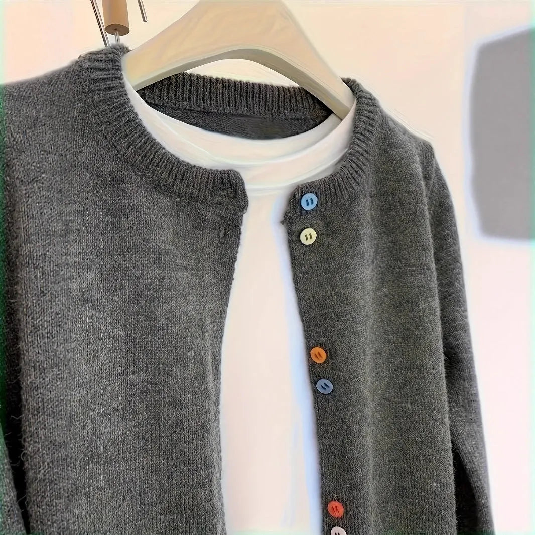 Dark grey women's polyester cardigan with button front and long sleeves.