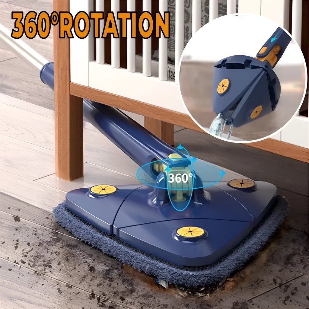 Blue triangle mop with rotating head on an extendable stainless steel pole for cleaning floors and walls.