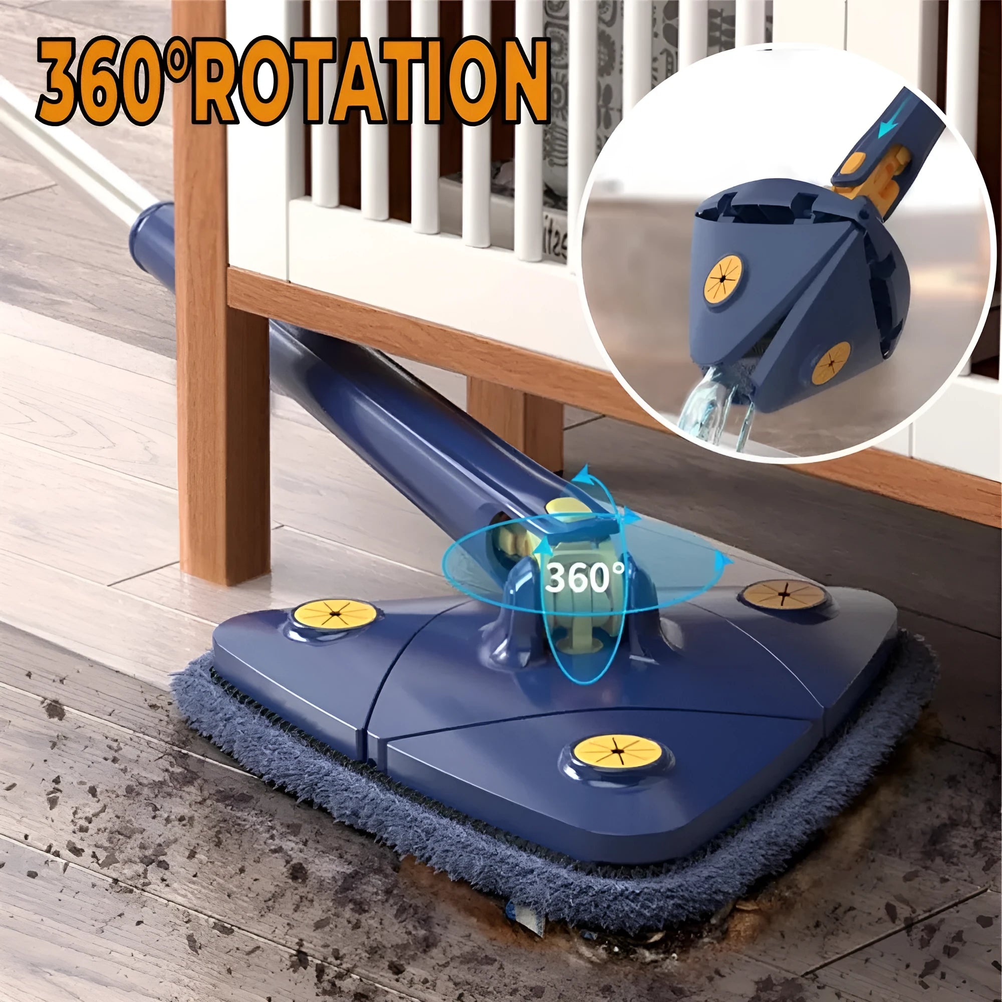 Blue triangle mop with rotating head on an extendable stainless steel pole for cleaning floors and walls.